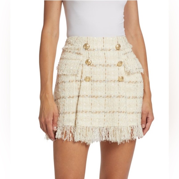 RAMY BROOK Karey Fringe Tweed Miniskirt Sz 4 Ivory Plaid Fringe Preppy - Picture 2 of 10